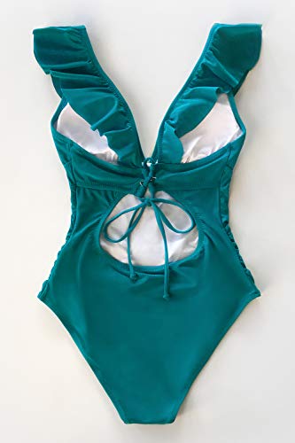 CUPSHE Women One Piece Swimsuit Ruffled Lace Up Beach Swimwear Tummy Control Swimming Costume Bathing Suit