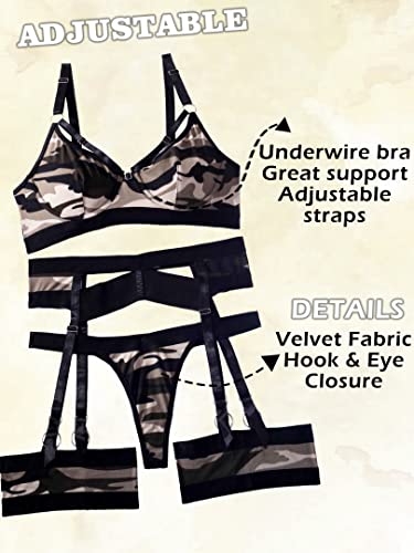 popiv Sexy Lingerie Set for Women 4 Piece Bra and Panty Set with Garter Belt Strappy Lingerie Set with Thigh Cuffs