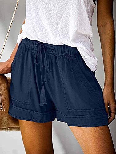 comefohome Womens Drawstring Shorts Summer Cotton Elastic Waist Solid Color Casual Shorts UK with Pockets Blue M