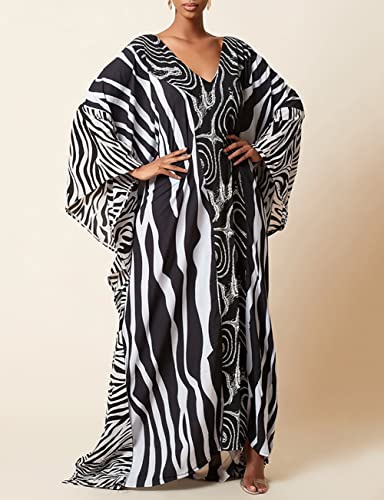 Bsubseach Green Snake Print Loose Kaftan Dress Plus Size Beach Cover Up Half Sleeve Caftan Maxi Dress for Women
