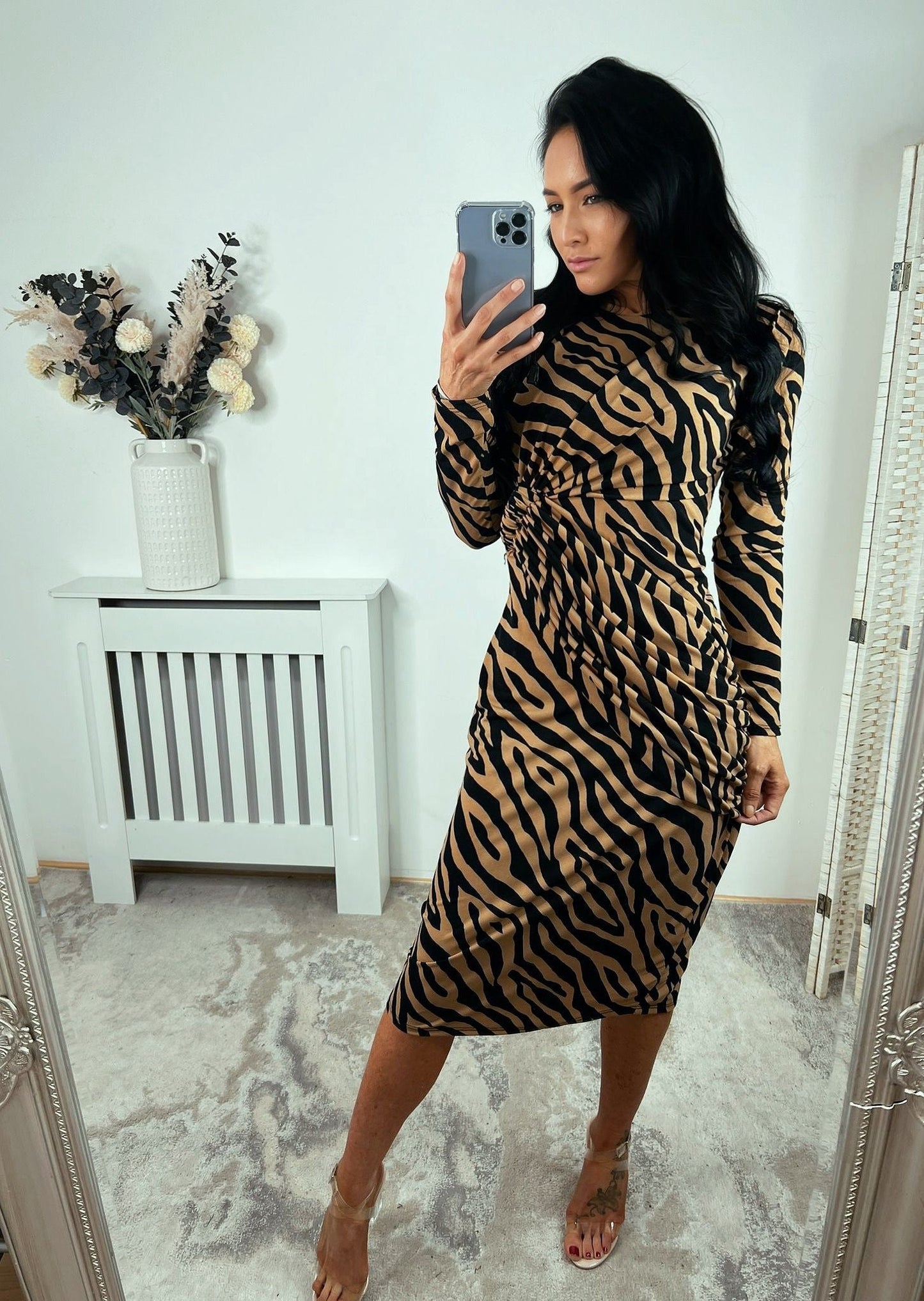 XMAS FURRY BLACK & BEIGE PLUNGE NECK LONG SLEEVE DRESS