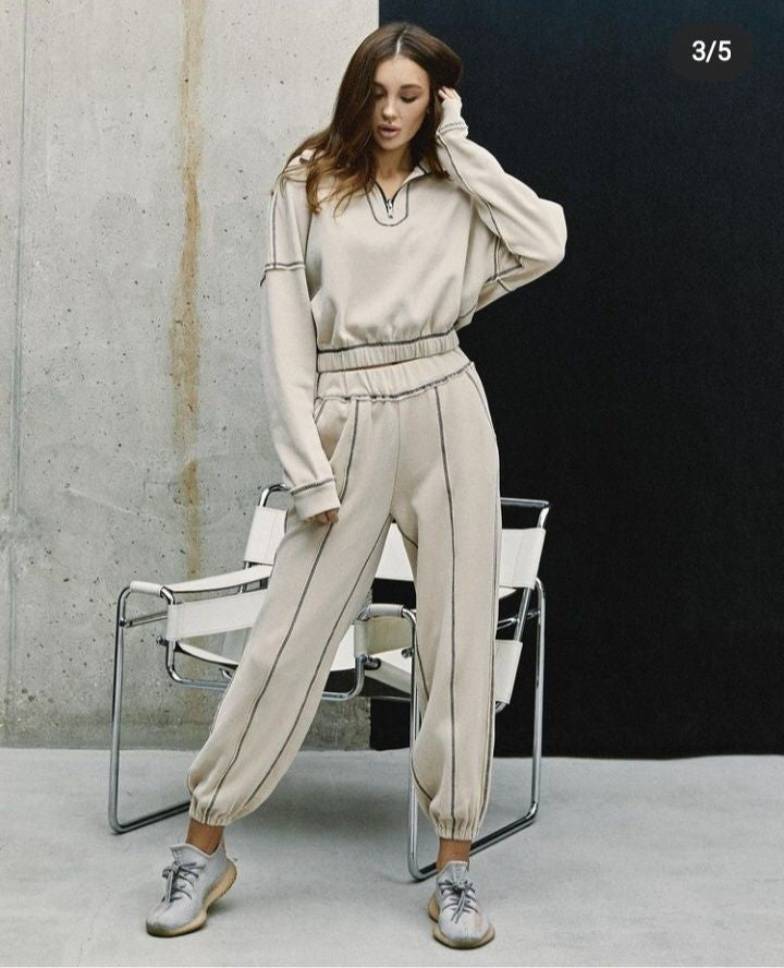 LEISURE LOUNGEWEAR ZIPPER CROSS STITCH TOP & STRAIGHT LEG JOGGER
