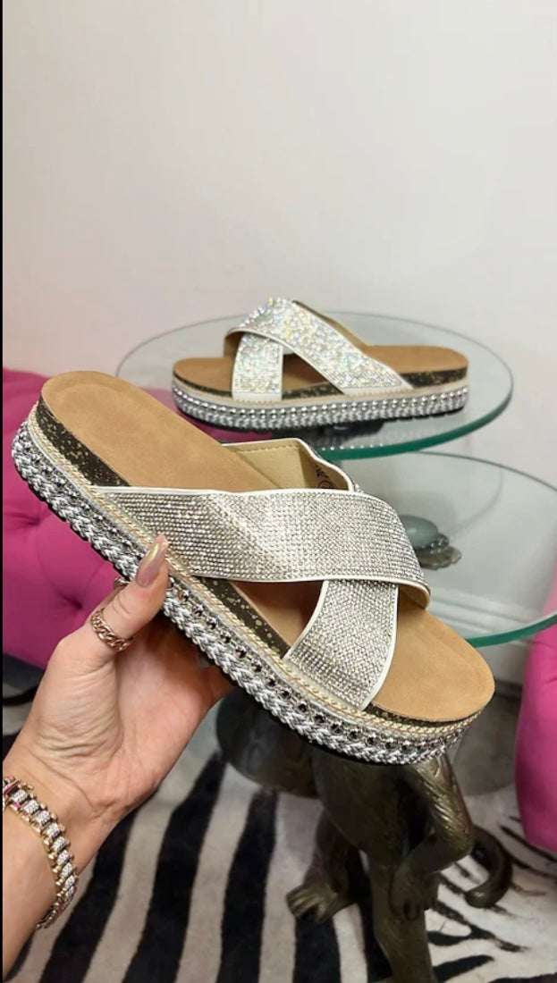 Silver Metallic Chunky Sole Thread Detailed Sliders