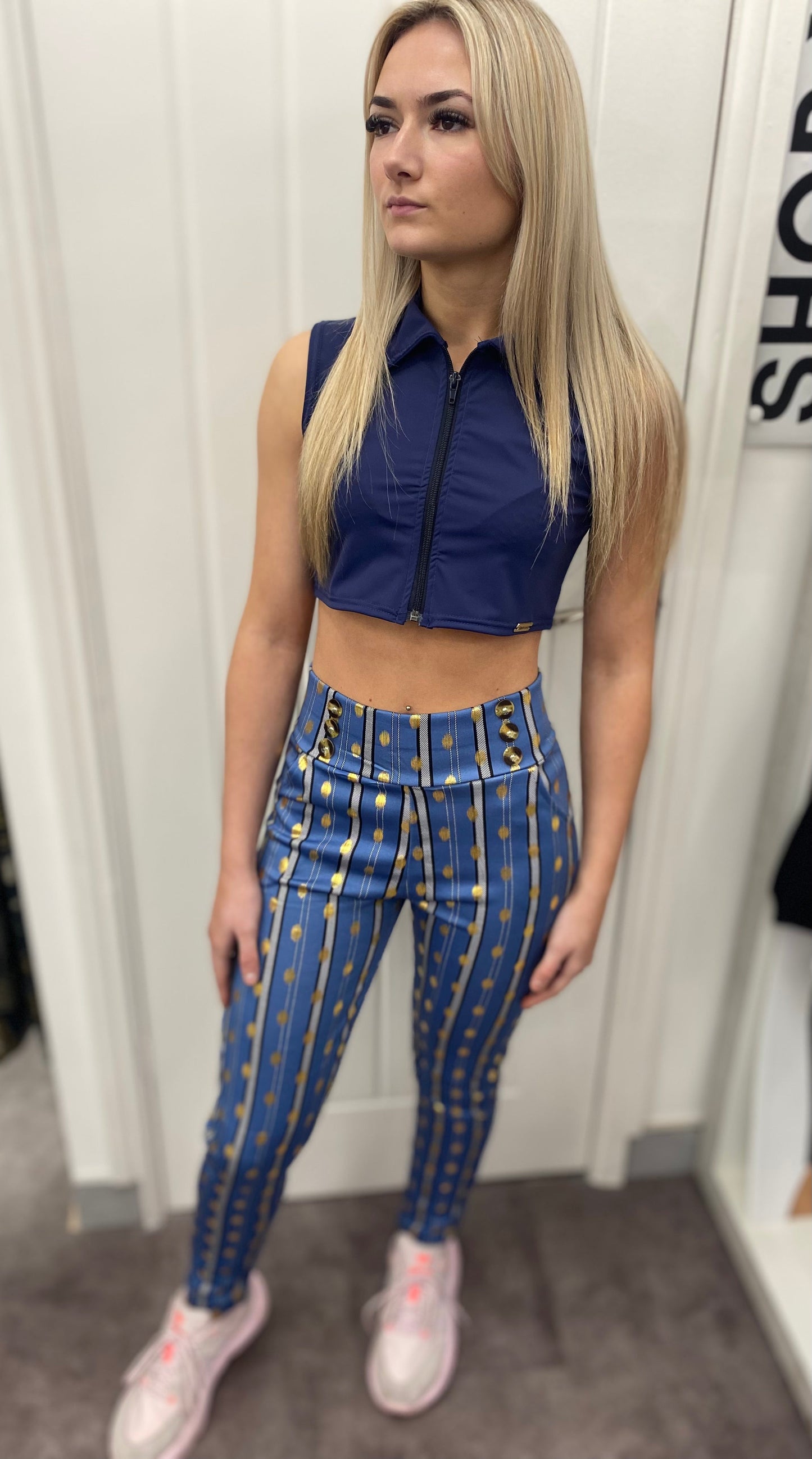 LYCRA GOLD BLUE BUTTON LEGGINGS & ZIP COLLAR TOP
