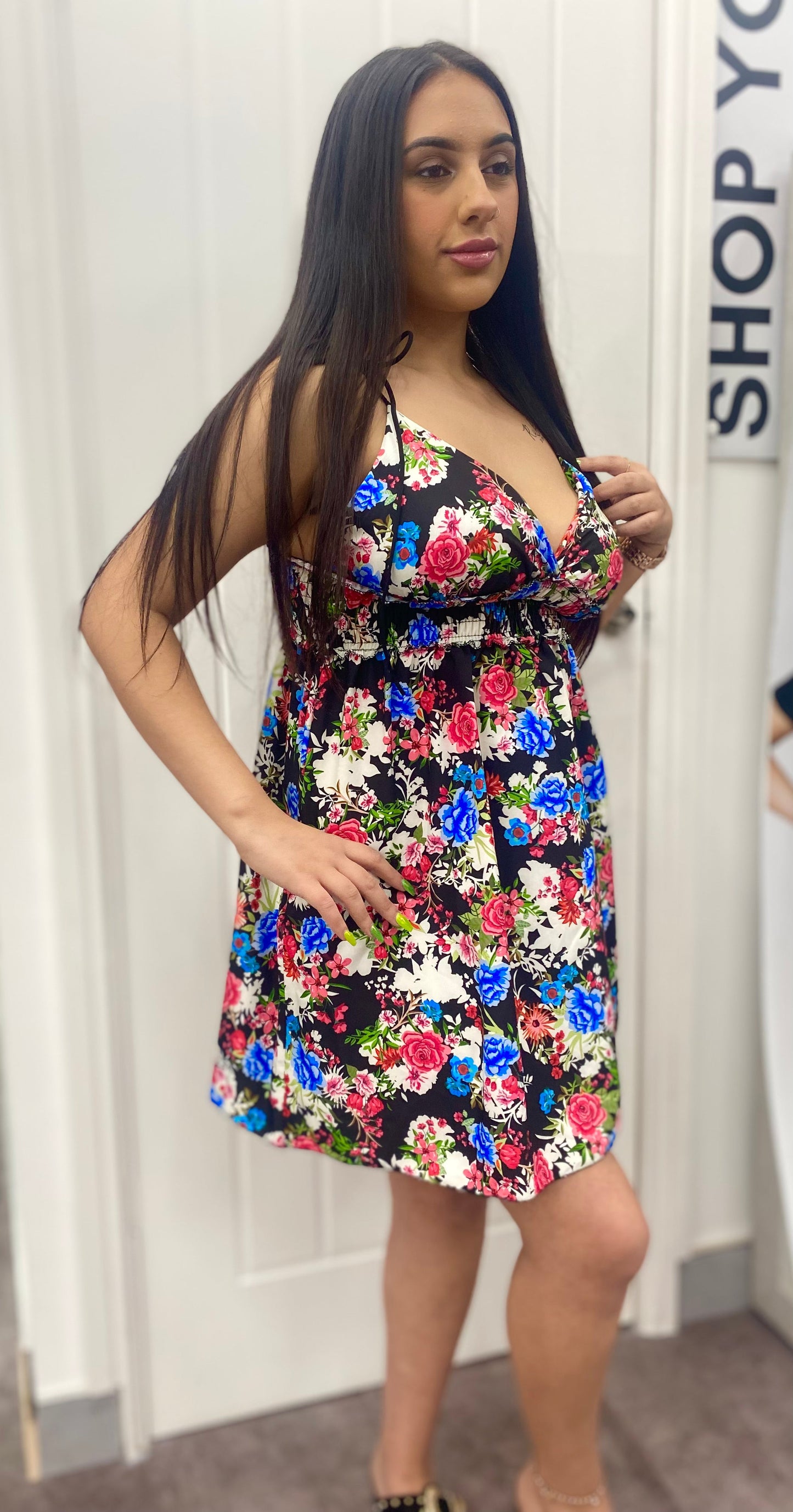 HALLIE BLUE BLACK FLORAL PRINT SHOULDER STRAP DRESS