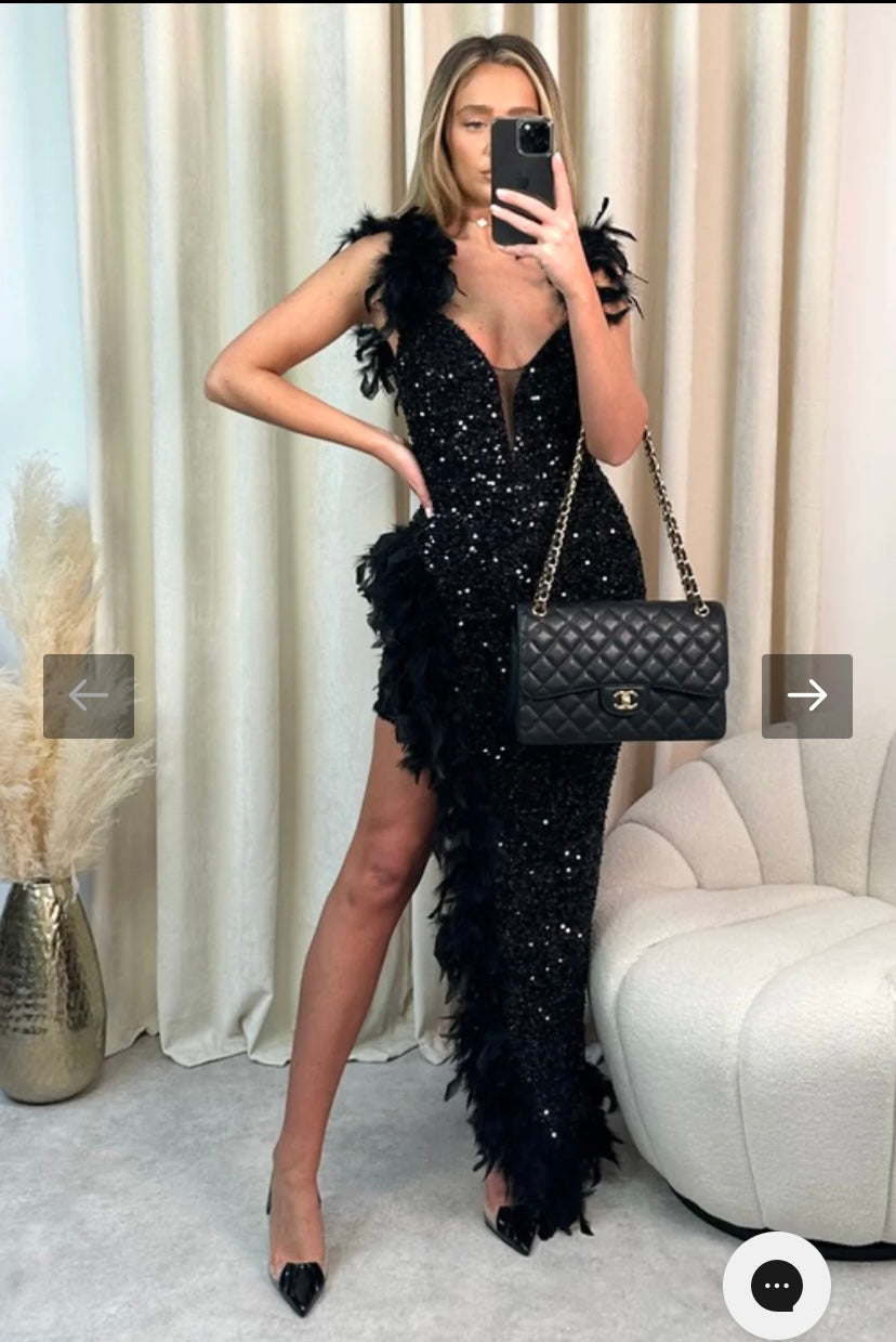 ELLIS BLACK LEG SPLIT MAXI SEQUIN DRESS FEATHER TRIM