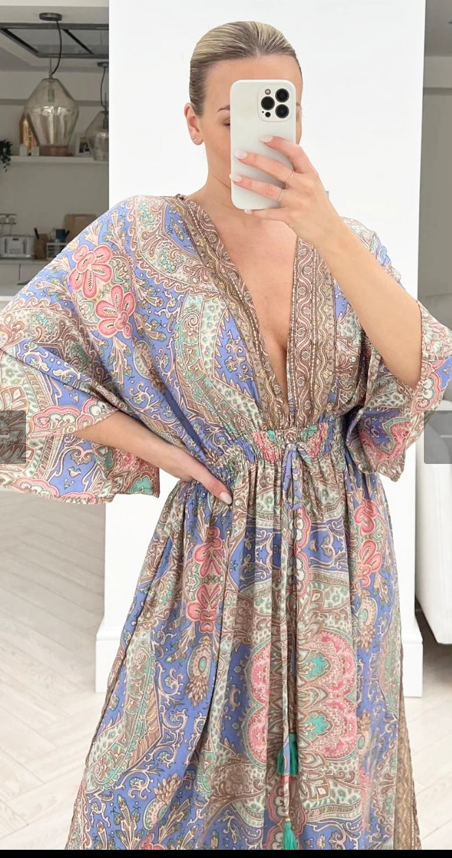 PAISLEY BLUE KAFTAN V NECK DRESS