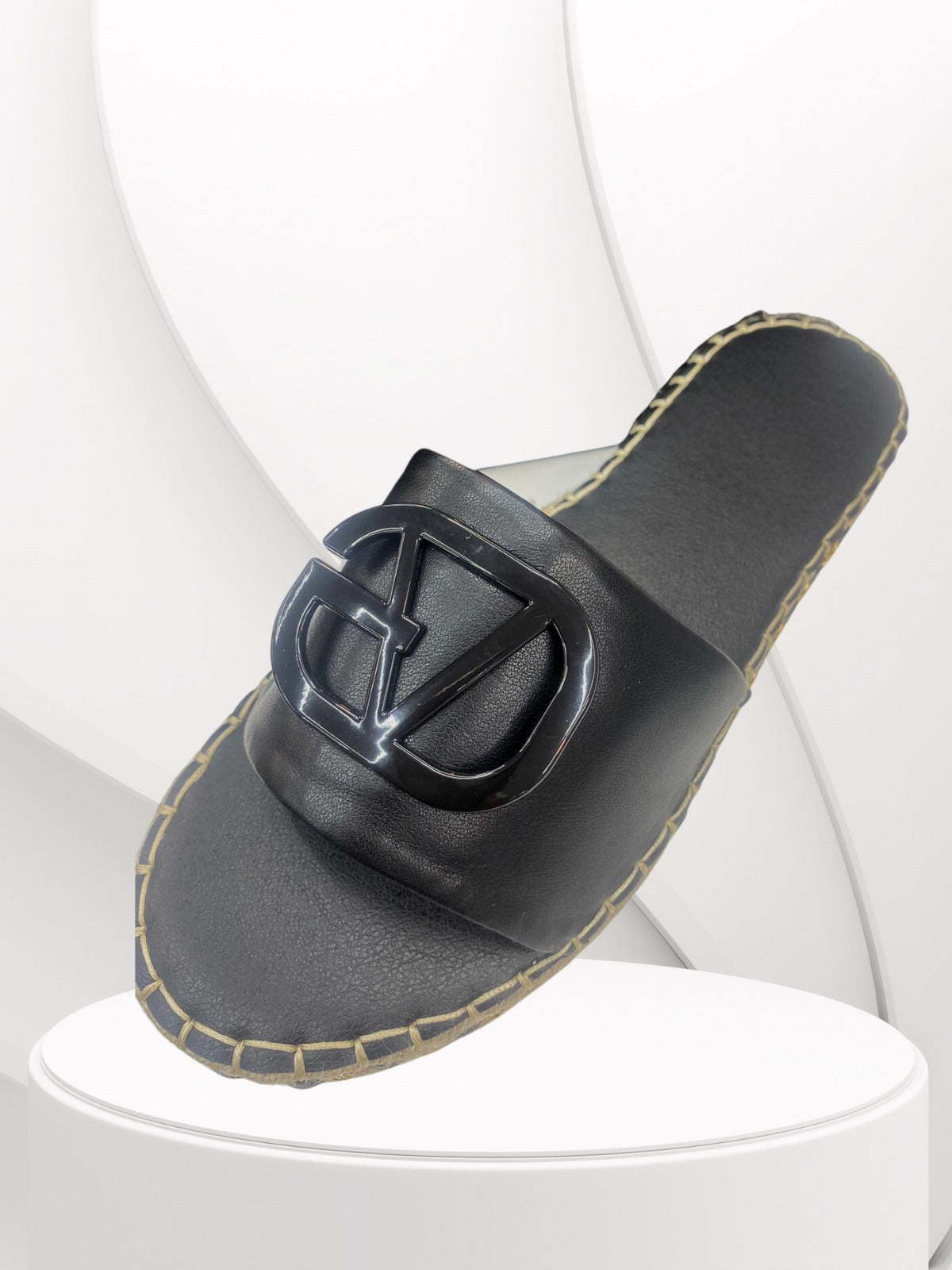 LV- Black Buckle & Wedges Sole Pattern Sliders