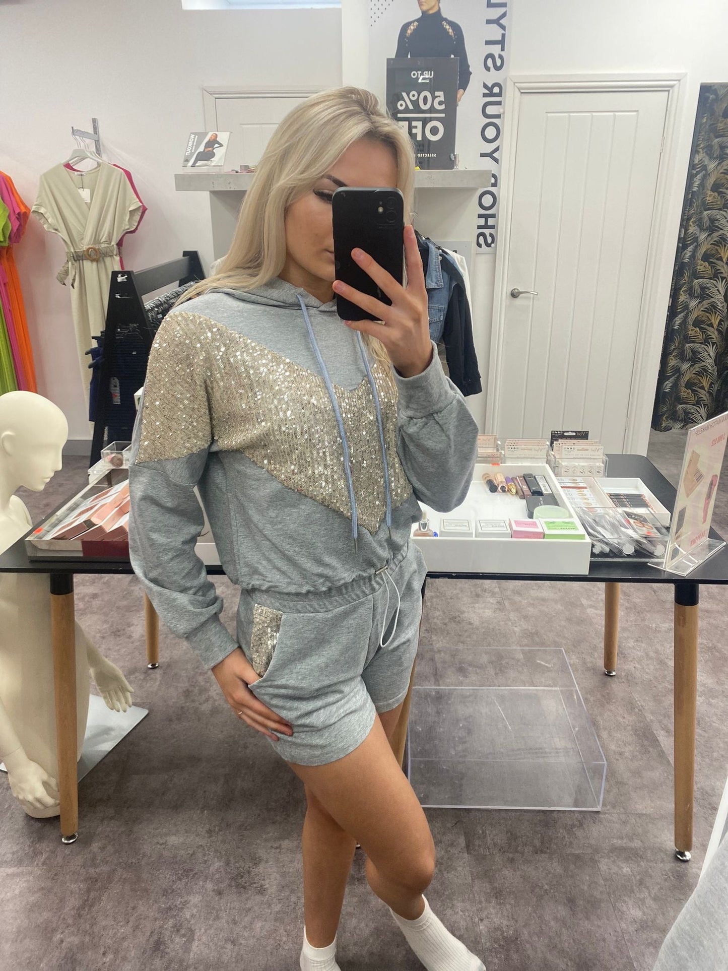 HALLIE GREY SEQUIN PATTERNED HODDIE TOP & SHORT CO-ORD