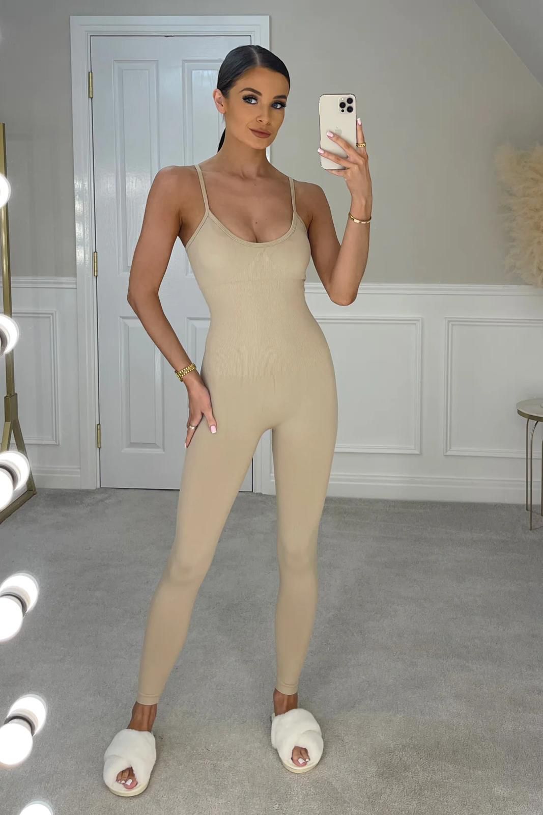 BEIGE SLEEVELESS BODYCON STYLE RIB KNIT JUMPSUIT