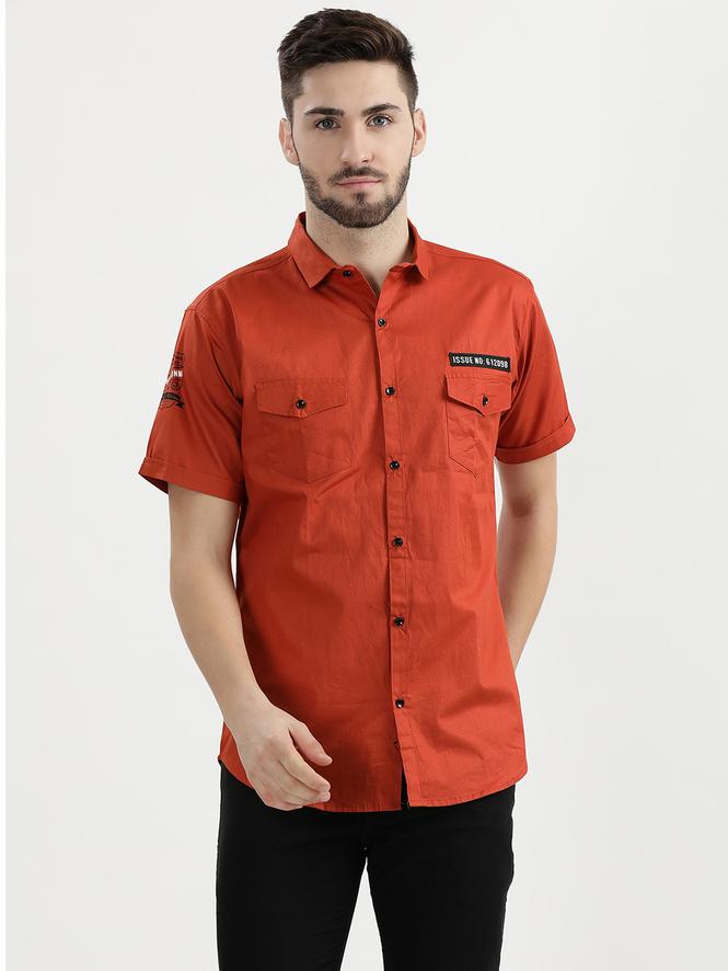 Men Half Sleeves Plain Casual Shirt (Rust)