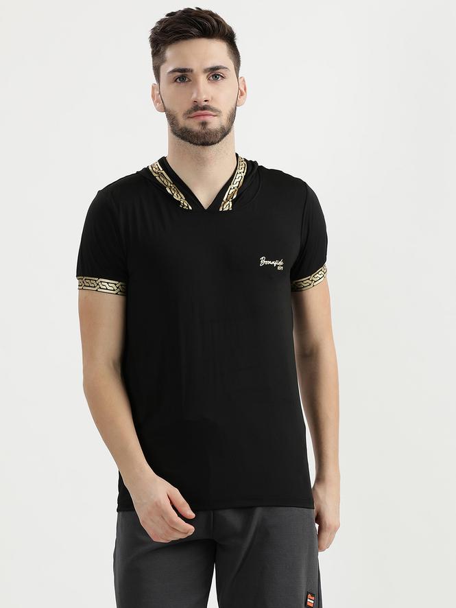 Men Half Sleeves Hooded T-Shirt (Black)