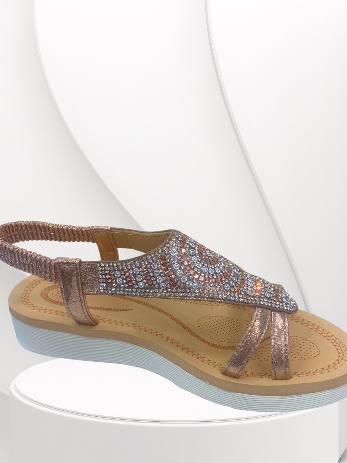 Beige & Silver Diamonds Ring Detailed  Chunky Pull Up Strap Sliders