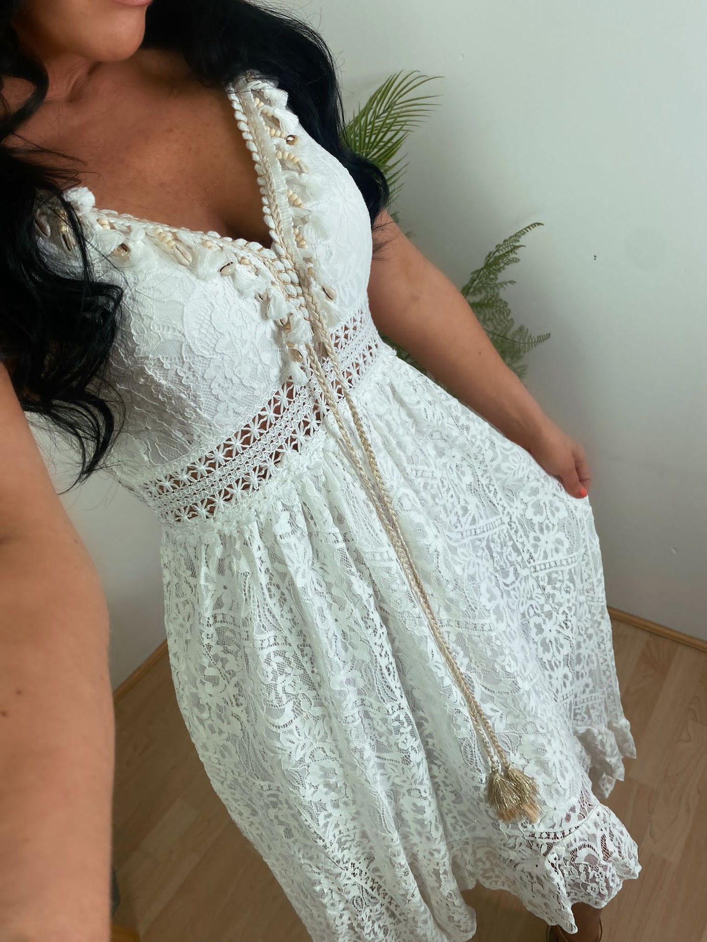 OFF White -MORROCAN Linen  EMBELLISHED TIERED CROCHET DRESS