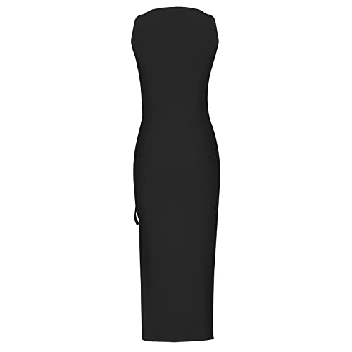 Summer Dresses for Women UK Clearance Sleeveless High Waist Solid and Printed Ribbed Drawstring Ruched Sexy High Slit Dresses Ladies Trendy Dresses for Vacation Cocktail Work Wedding Activewear
