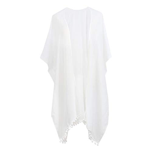 Women Beach Cover Up Kimono Cardigans Pom Pom, Boho Chiffon Sheer Lady Bikini Coverup, Swimsui Pompom Trim, Pool Cardigan Duster, Plus Size Beach Swim Wear, Bathting Suit Swimsuit Swimwear