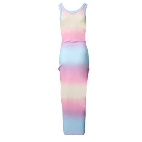 Summer Dresses for Women UK Clearance Sleeveless High Waist Solid and Printed Ribbed Drawstring Ruched Sexy High Slit Dresses Ladies Trendy Dresses for Vacation Cocktail Work Wedding Activewear