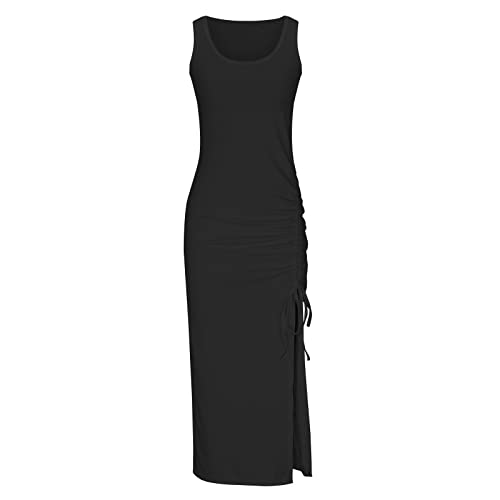Summer Dresses for Women UK Clearance Sleeveless High Waist Solid and Printed Ribbed Drawstring Ruched Sexy High Slit Dresses Ladies Trendy Dresses for Vacation Cocktail Work Wedding Activewear