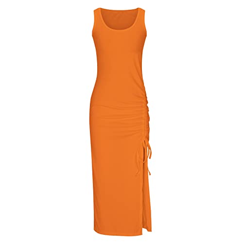Summer Dresses for Women UK Clearance Sleeveless High Waist Solid and Printed Ribbed Drawstring Ruched Sexy High Slit Dresses Ladies Trendy Dresses for Vacation Cocktail Work Wedding Activewear