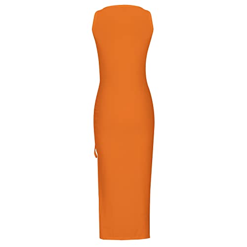 Summer Dresses for Women UK Clearance Sleeveless High Waist Solid and Printed Ribbed Drawstring Ruched Sexy High Slit Dresses Ladies Trendy Dresses for Vacation Cocktail Work Wedding Activewear