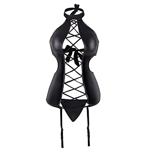 ohyeahgirl Women Faux Leather Babydoll Garter Lingerie Sexy Babydoll Nightwear