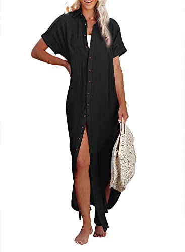 Dokotoo Womens Casual Short Sleeve Side Split Button Down Long Kimonos Cardigans Swimsuit Cover Ups