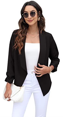 GRECERELLE Womens Blazer Suit Open Front Cardigan 3/4 Ruched Sleeve Casual Work Office Cropped Blazer Jacket for Ladies