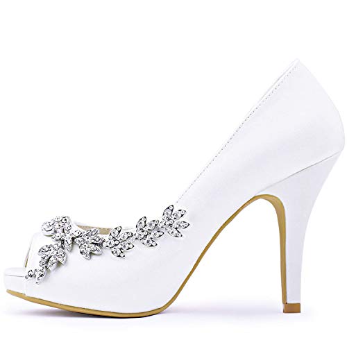 Elegantpark HP1560IAC Platform Wedding Shoes for Bride High Heels Women Bridal Shoes Peep Toe Rhinestones Satin Wedding Party Dress Court Shoes