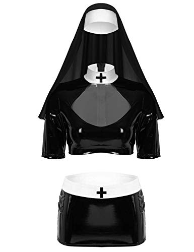 FEESHOW Womens Naughty Halloween Nun Cosplay Lingeries Outfit Sexy Wet Look Faux Leather Costumes