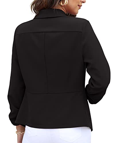 GRECERELLE Womens Blazer Suit Open Front Cardigan 3/4 Ruched Sleeve Casual Work Office Cropped Blazer Jacket for Ladies