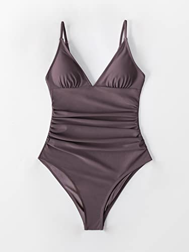 CUPSHE Women Swimsuit One Piece V Neck Tummy Control Ruched Front Low Back Bathing Suit Swimwear