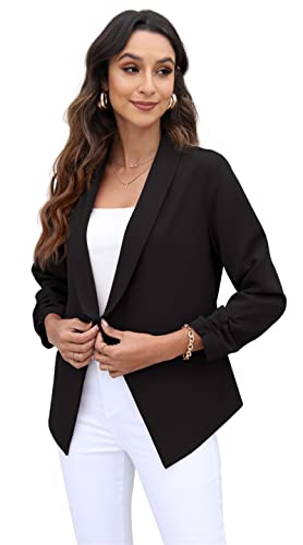 GRECERELLE Womens Blazer Suit Open Front Cardigan 3/4 Ruched Sleeve Casual Work Office Cropped Blazer Jacket for Ladies