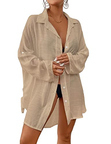 Bsubseach Women Casual Navy Turn Down Collar Bikini Bathing Suit Cover Ups Long Sleeve Beach Cover Up with Pockets