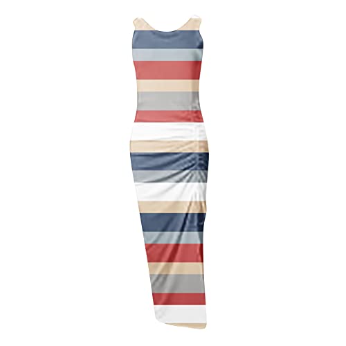 Summer Dresses for Women UK Clearance Sleeveless High Waist Solid and Printed Ribbed Drawstring Ruched Sexy High Slit Dresses Ladies Trendy Dresses for Vacation Cocktail Work Wedding Activewear