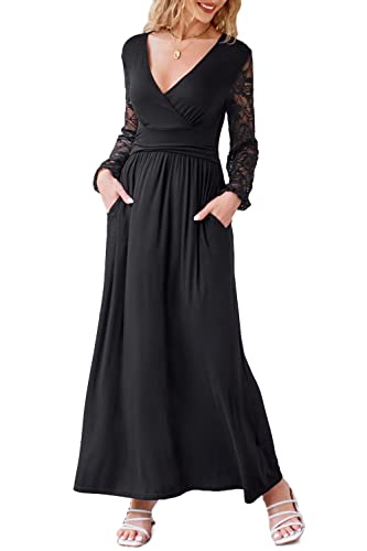 OUGES Women's Summer Casual V Neck Short Sleeve Floral Pattern Wrap Ladies Maxi Long Dress with Pockets