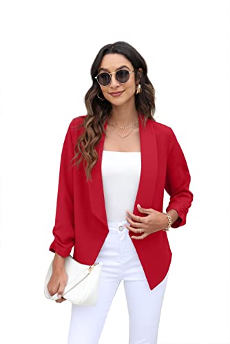GRECERELLE Womens Blazer Suit Open Front Cardigan 3/4 Ruched Sleeve Casual Work Office Cropped Blazer Jacket for Ladies
