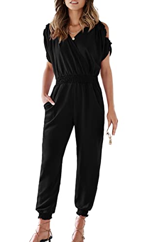 ECOWISH Women's V Neck Spaghetti Strap Drawstring Waisted Long Pants Jumpsuit Rompers