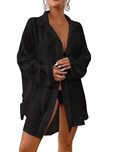 Bsubseach Women Casual Navy Turn Down Collar Bikini Bathing Suit Cover Ups Long Sleeve Beach Cover Up with Pockets
