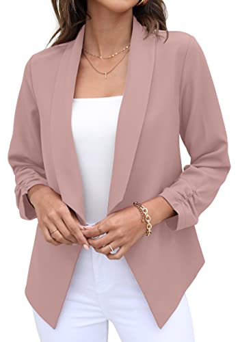 GRECERELLE Womens Blazer Suit Open Front Cardigan 3/4 Ruched Sleeve Casual Work Office Cropped Blazer Jacket for Ladies