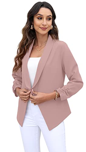 GRECERELLE Womens Blazer Suit Open Front Cardigan 3/4 Ruched Sleeve Casual Work Office Cropped Blazer Jacket for Ladies