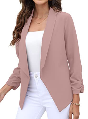 GRECERELLE Womens Blazer Suit Open Front Cardigan 3/4 Ruched Sleeve Casual Work Office Cropped Blazer Jacket for Ladies