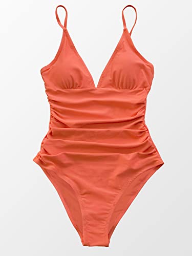 CUPSHE Women Swimsuit One Piece V Neck Tummy Control Ruched Front Low Back Bathing Suit Swimwear