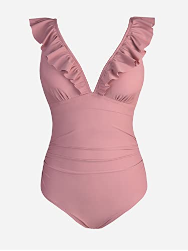 CUPSHE Women One Piece Swimsuit Ruffled Lace Up Beach Swimwear Tummy Control Swimming Costume Bathing Suit