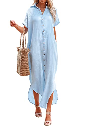 Dokotoo Womens Casual Short Sleeve Side Split Button Down Long Kimonos Cardigans Swimsuit Cover Ups