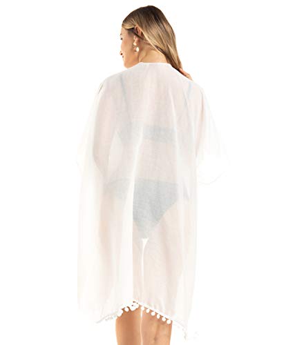 Women Beach Cover Up Kimono Cardigans Pom Pom, Boho Chiffon Sheer Lady Bikini Coverup, Swimsui Pompom Trim, Pool Cardigan Duster, Plus Size Beach Swim Wear, Bathting Suit Swimsuit Swimwear