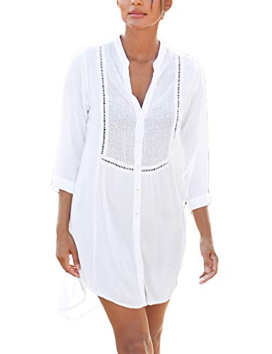 Bsubseach Women Casual Navy Turn Down Collar Bikini Bathing Suit Cover Ups Long Sleeve Beach Cover Up with Pockets
