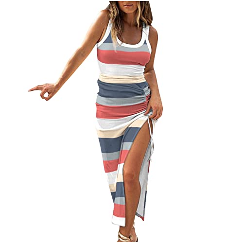 Summer Dresses for Women UK Clearance Sleeveless High Waist Solid and Printed Ribbed Drawstring Ruched Sexy High Slit Dresses Ladies Trendy Dresses for Vacation Cocktail Work Wedding Activewear