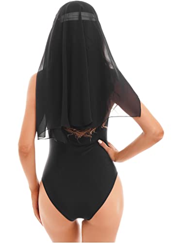 FEESHOW Womens Naughty Halloween Nun Cosplay Lingeries Outfit Sexy Wet Look Faux Leather Costumes