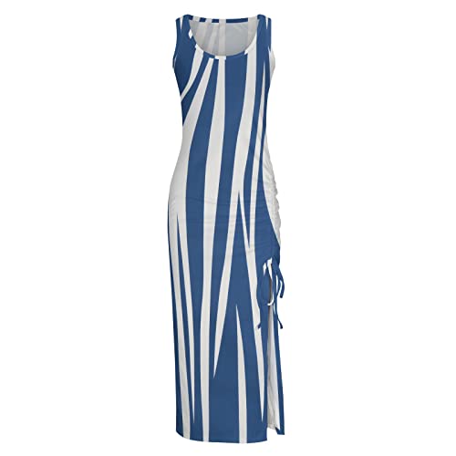 Summer Dresses for Women UK Clearance Sleeveless High Waist Solid and Printed Ribbed Drawstring Ruched Sexy High Slit Dresses Ladies Trendy Dresses for Vacation Cocktail Work Wedding Activewear
