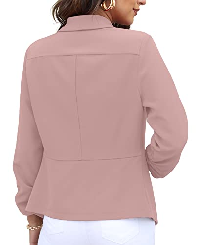 GRECERELLE Womens Blazer Suit Open Front Cardigan 3/4 Ruched Sleeve Casual Work Office Cropped Blazer Jacket for Ladies